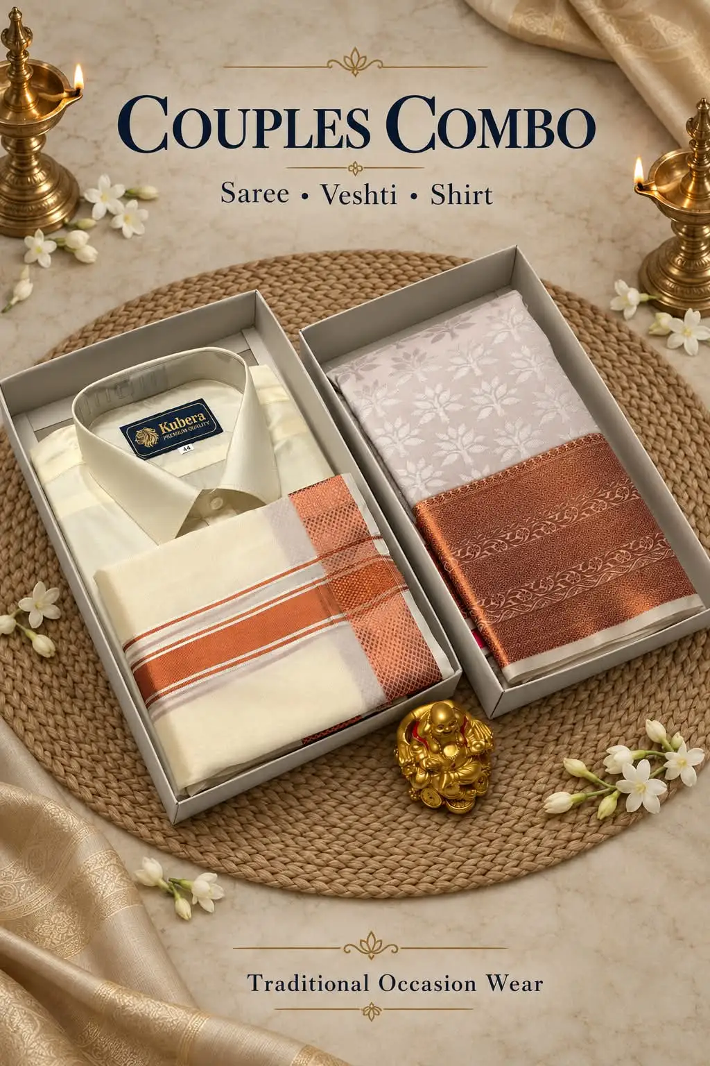 Copper Zari Brocade Floral Woven Couple Combo Set